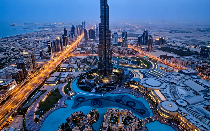 Dubai skyline with Burj Khalifa and Downtown at blue hour