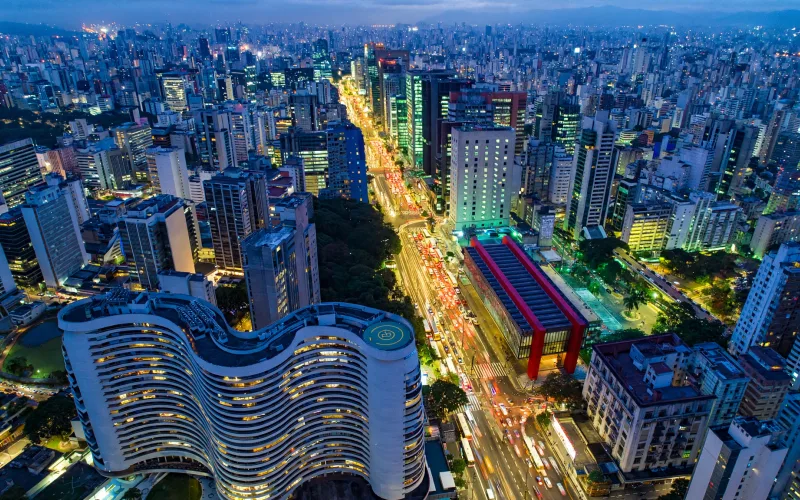 São Paulo skyline over Avenida Paulista with Copan and MASP at dusk