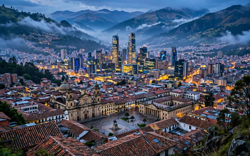 Bogotá historic centre and Monserrate at blue hour, with tiled roofs and high-rise beyond