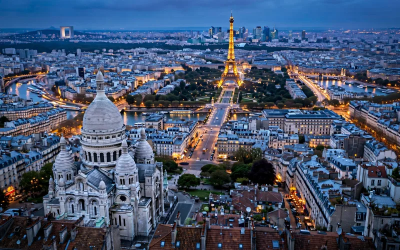 Paris skyline over Montmartre and the Eiffel Tower at blue hour