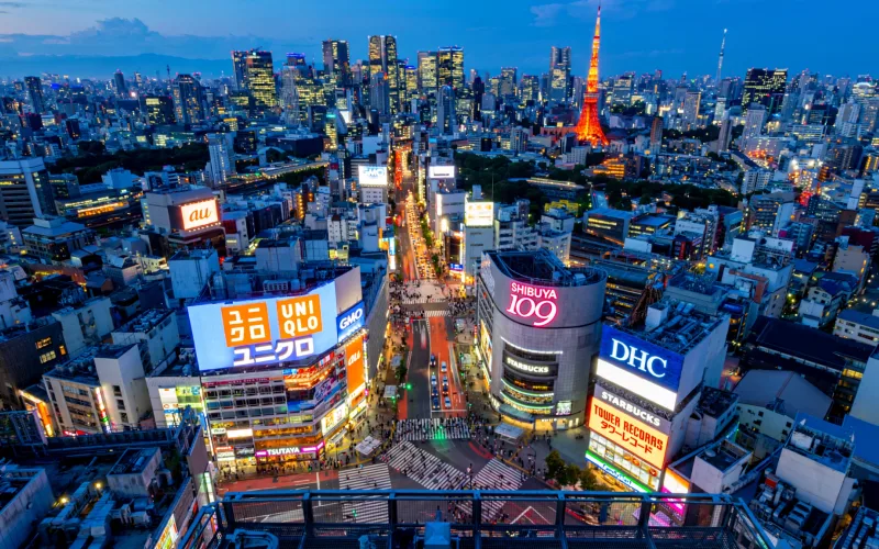 Tokyo Shibuya Crossing and skyline at blue hour