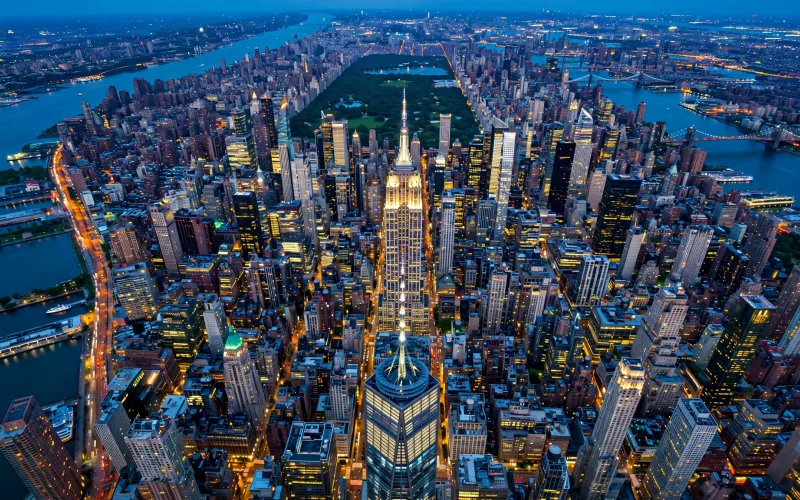 New York City skyline over Midtown and Central Park at blue hour